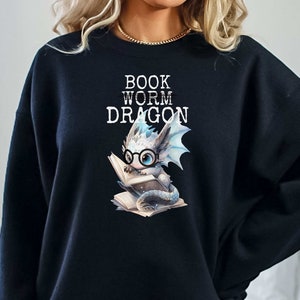 White Dragon Reading Sweatshirt, Bookish Dragon Lover Sweatshirt, Snow Dragon, Cute Dragon Sweater, Fantasy Reader Gift, Dragon Worm