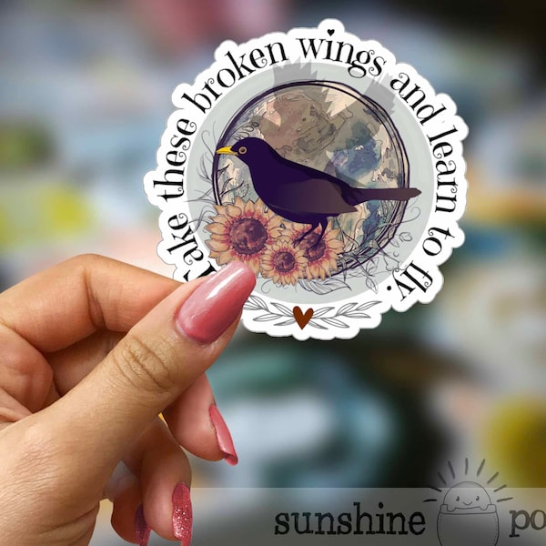 Blackbird Sticker, Take These Broken Wings And Learn To Fly, Song Lyric, Optimism, Bird, Retro, Recovery, Botanical, Earth, World,