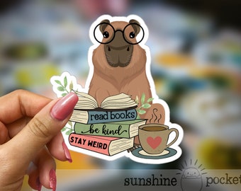 Capybara Reading Sticker, Book Lover Sticker, Cute Capybara Sticker, Kindle, E-reader Book Sticker, Bookish, Read Books Stay Weird Sticker