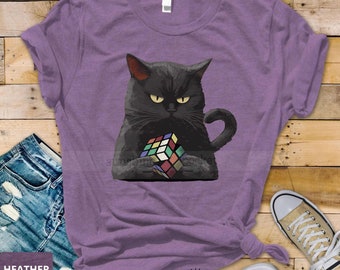 Rubiks Cube Shirt, Black Cat Solving Rubiks Cube Gift, Funny Rubik Cube Solver, Rubiks Cube, T-shirt, Nerdy Gift, Student Shirt, Black Kitty
