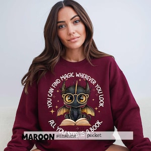 Magical Dragon Reading Sweatshirt, Bookish Dragon Lover Sweatshirt, Black Dragon, Cute Dragon Sweater, Fantasy Reader Gift, Magic Books