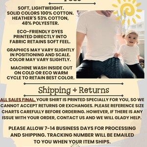May include: White t-shirts with the text "Tees" at the top. The image also includes text about the shirt's material, care instructions, and return policy. A person and a child are wearing the shirts.