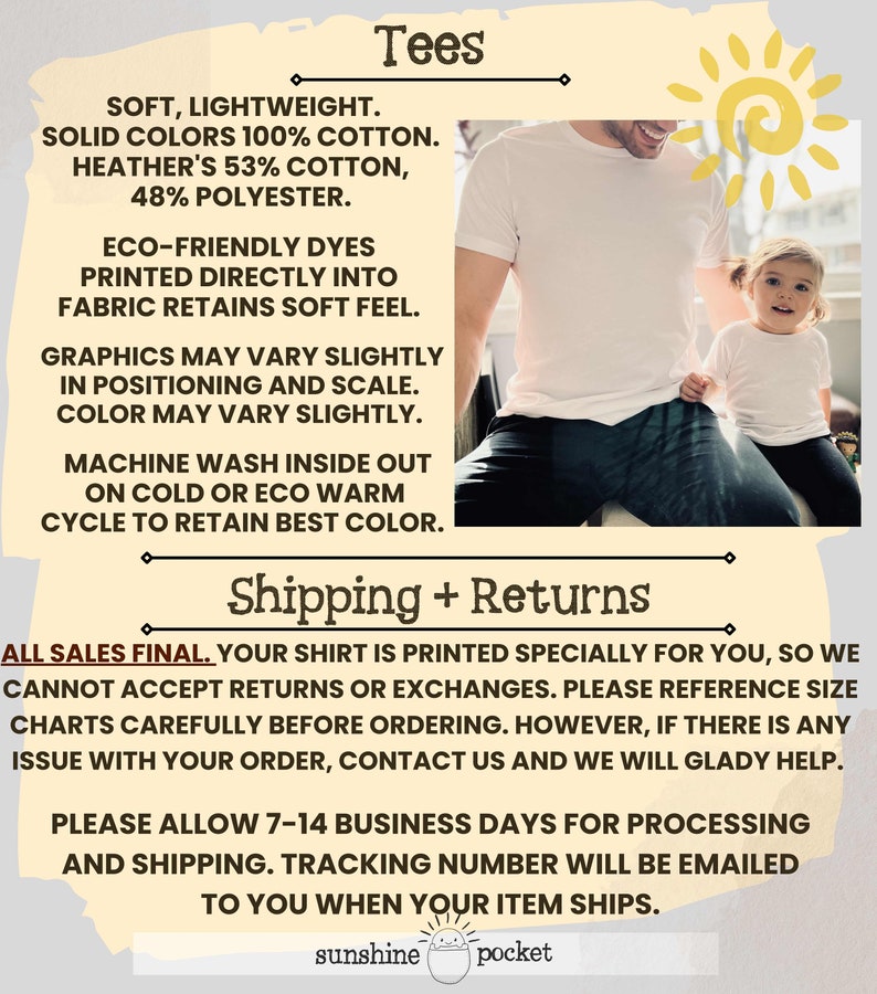 May include: White t-shirts with the text "Tees" at the top. The image also includes text about the shirt's material, care instructions, and return policy. A person and a child are wearing the shirts.