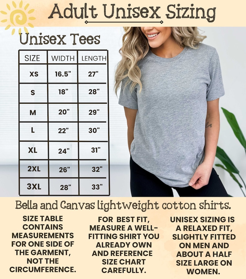 May include: Unisex sizing chart for Bella and Canvas lightweight cotton shirts. The chart shows sizes XS through 3XL with corresponding width and length measurements in inches.
