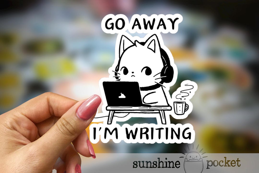 Funny Writer Sticker, Cute Kitty Writing Day Laptop Sticker, Writer