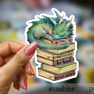 May include: A green dragon with blue wings is sleeping on a stack of books. The books have the words "read books", "be kind", and "stay weird" written on them.