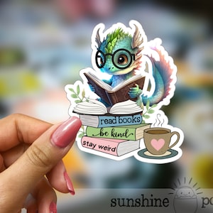 Book Dragon Sticker, Fantasy, Bookish Laptop Sticker, Be Kind Stay Weird, Green Dragon Reading Glasses, Book Lover, Kindle E-reader Sticker