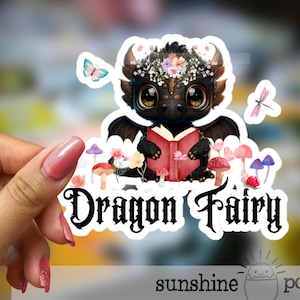 Cute Dragon Cottagecore Sticker, Whimsy Baby Dragon Bookish, Fantasy Reader Gift, Dragon Fairy Sticker, Laptop Sticker, Dragon Lover Sticker