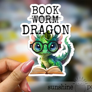 Green Book Dragon Sticker, Fantasy, Bookish Laptop Sticker, Dragon Lover, Green Dragon Reading Glasses, Book Worm Dragon, Kindle, E-reader