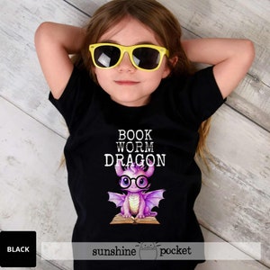 Kids Cute Dragon Reading Shirt, Book Worm Dragon, Bookish, Dragon Reading, Book Lover, Book Lover Shirt, Girl&#39;s Pink Fantasy Dragon Lover