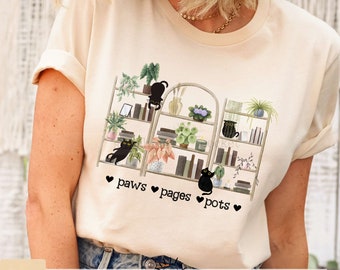 Books Houseplants Cat Shirt, Black Kitty Plants And Bookish T-Shirt, Bookshelves Kitty House Plants, Plant Mom Book Hoarder Booktrovert Cat