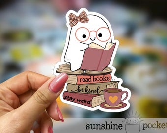 Cute Ghost Reading Sticker, Book Lover Sticker, Coquette Ghost Sticker, Kindle Bookish Sticker, Read Books, Halloween Reading Spooky Sticker