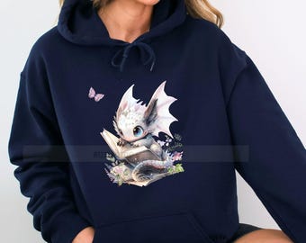 Cute Dragon Reading Hoodie, Floral Dragon Hoodie, Dragon Pullover, Dragon Lover Sweatshirt, Pullover, Fourth Dragon Lover Gift, Coquette