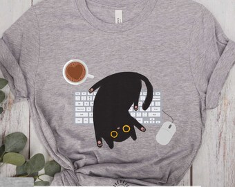 Funny Cat Shirt, Distracting Black Kitty Tshirt, Cat Nap Attack, Cat On Keyboard T-Shirt, Cute Black Cat Lover Gift Annoying Cat Shirt