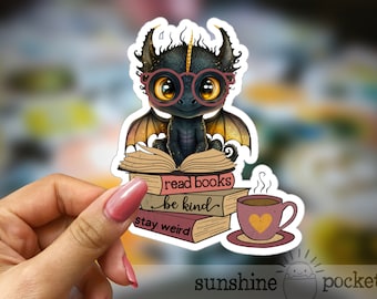 Book Dragon Sticker, Fantasy, Bookish Laptop Sticker, Dragon Lover, Black Dragon Reading Glasses, Book Lover Gift, Kindle E-reader Sticker