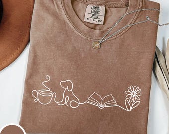 Doodle Books Coffee Dogs Flower Comfort Colors Shirt, Reading Tea Dog Lover, Simple Line Art Simple Girl Tshirt, Booksish Daisy Tee Women
