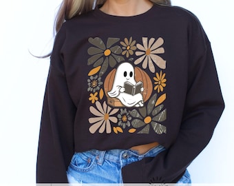 Bookish Ghost Pumpkin Sweater, Cute Reading Ghost Sweatshirt, Funny Spooky Reader Tshirt, Fall Librarian Tshirt, Ghost Book Reader Gothic