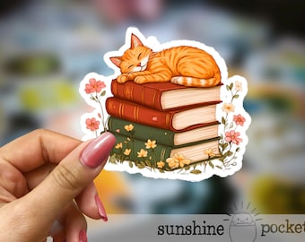 Bookish Kitty Laptop Sticker, Reader Sticker, Sleepy Tabby Book Sticker, Book Club Sticker, Reading Reward Book Tracker Sticker, Cottagecore
