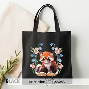 Cottagecore Red Panda Book Bag, Floral Panda Library Tote Bag, Eco Carry Bag Reader Nerdy Animal Boho Bag, Librarian Book Bag Panda