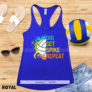 Volleyball Tank Top, Dig Set Spike Repeat, Colorful Volleyball, Racerback Girls Tank Tops, Beach Sand, Womens Volleyball League Team Shirts
