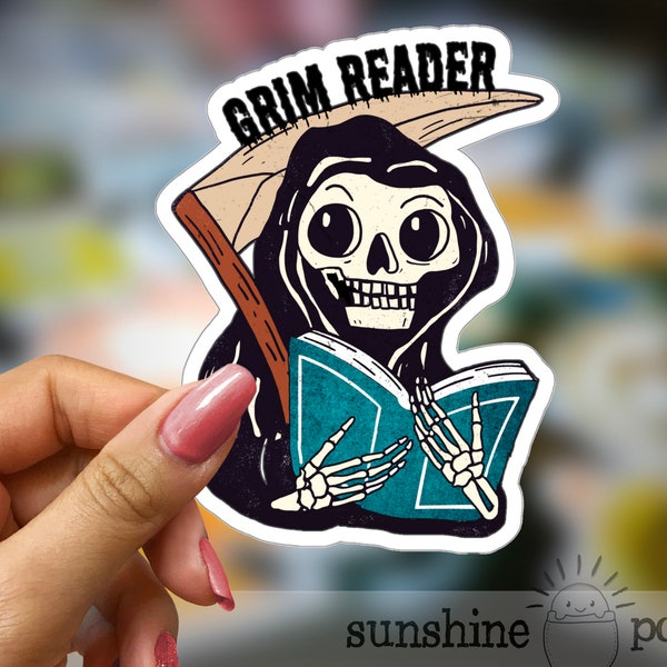 Grim Reader Sticker, Funny Horror Reader Spooky Sticker, Book Lover Sticker, Bookish Reading Sticker, Skeleton Reading Sticker, Grim Reaper