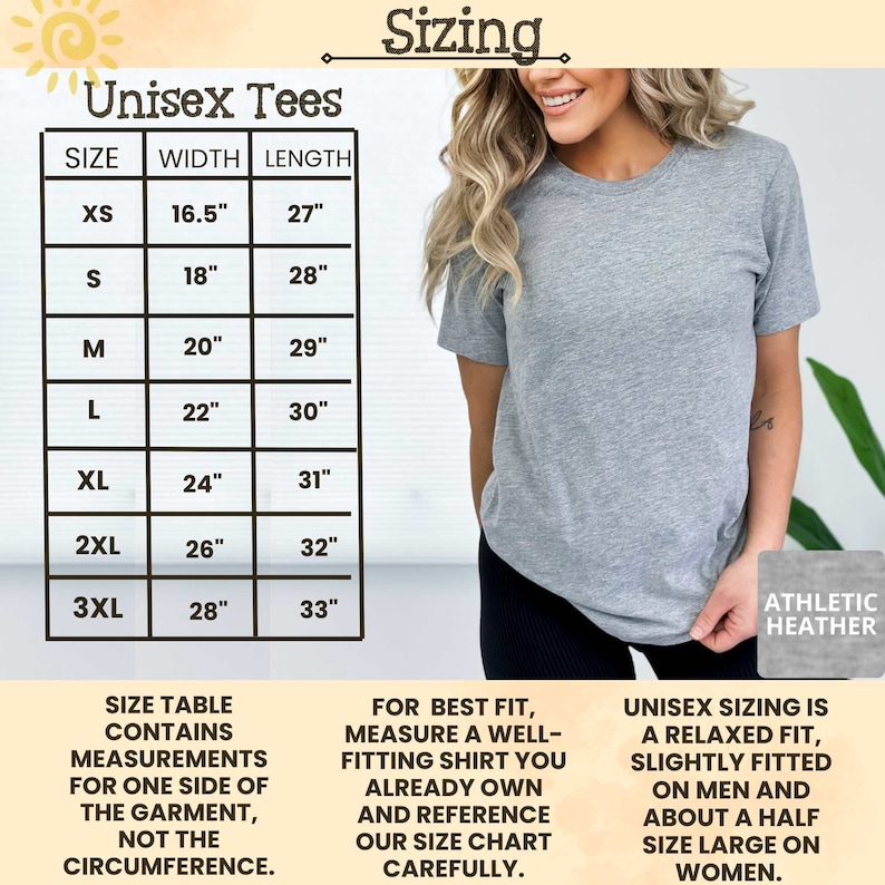 Pu&ograve; includere: Tabella di taglie unisex per t-shirt con misure in pollici per le taglie XS, S, M, L, XL, 2XL e 3XL. La tabella include le misure di larghezza e lunghezza per ogni taglia. La tabella include anche informazioni sulla vestibilit&agrave; delle t-shirt, che &egrave; descritta come una vestibilit&agrave; rilassata, leggermente aderente per gli uomini e circa una taglia pi&ugrave; grande per le donne.