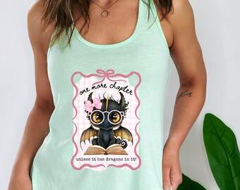 Cute Dragon Reading Tank Top, One More Chapter, Summer Dragon Reading Tank Top, Book Lover Tank, Cottagecore Dragon, Dragoncore Coquette