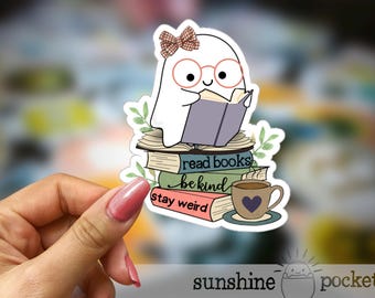 Cute Ghost Reading Sticker, Book Lover Sticker, Coquette Ghost Sticker, Kindle Bookish Sticker, Read Books, Halloween Reading Spooky Sticker