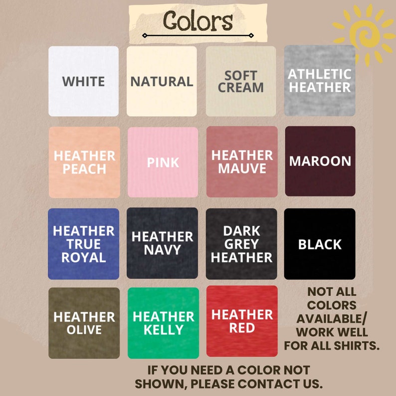 Pu&ograve; includere: Una cartella colori che mostra diversi colori di magliette, tra cui bianco, naturale, crema morbido, grigio melange atletico, pesca melange, rosa, malva melange, granata, blu reale melange, blu navy melange, grigio scuro melange, nero, oliva melange, verde kelly melange e rosso melange. Il testo "Non tutti i colori sono disponibili/funzionano bene per tutte le magliette. Se hai bisogno di un colore che non &egrave; mostrato, contattaci." &egrave; in fondo alla cartella.