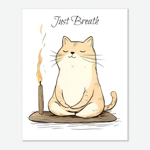Póster de gato meditando, arte de pared zen, póster divertido de meditación, arte de dibujos animados espirituales, póster de papel semibrillante de primera calidad
