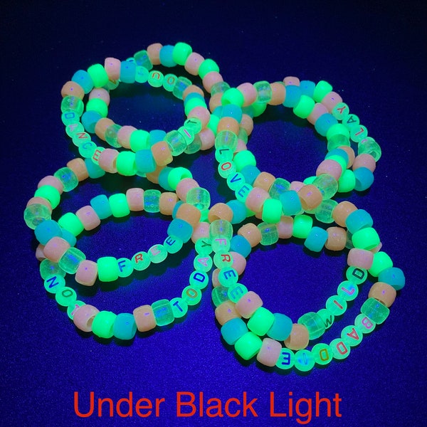 Glow in the dark custom kandi bracelets for raves, concerts, music festivals etc.