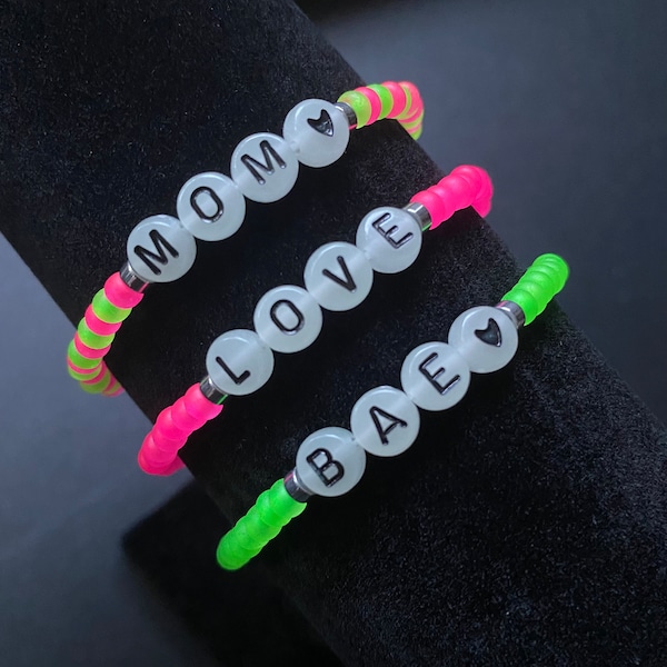 Personalized neon bracelets with glow in the dark letters