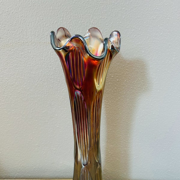 Fenton Amethyst Base Diamond and Ribs Carnival Glass Swung Vase