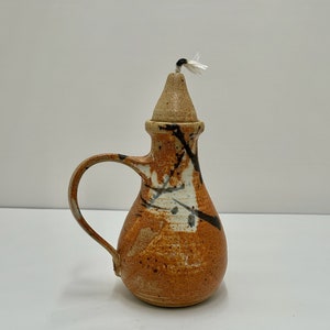 Stamped Studio Art Pottery Burnt Orange Oil Lamp with Handle