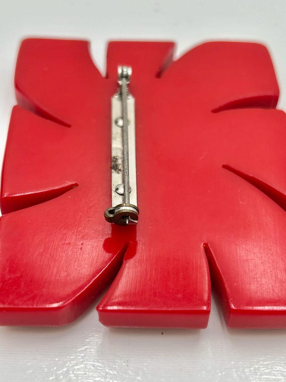 Cherry Red Bakelite Rectangular Floral Pinwheel B… - image 6