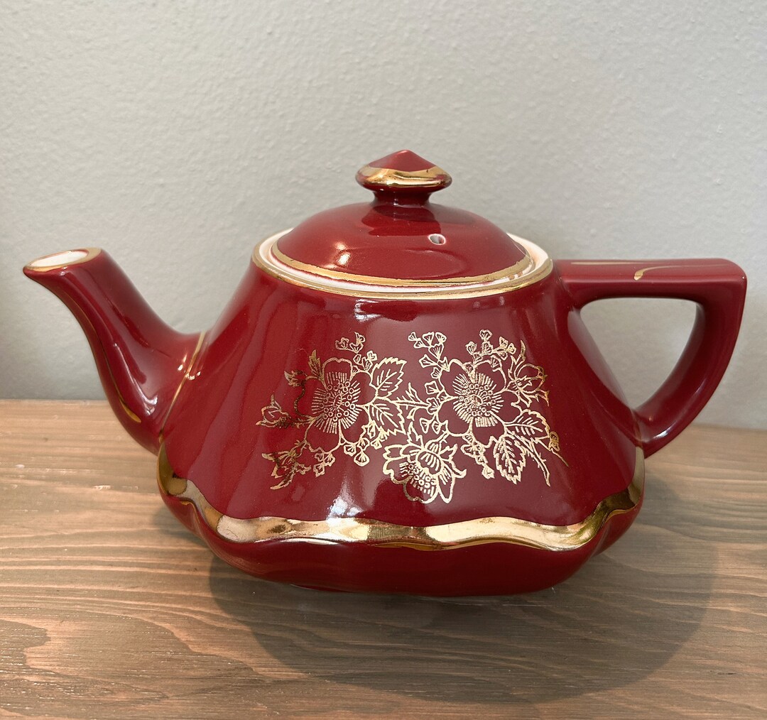 Hall Pottery Baltimore Teapot in Burgundy With Gold Floral Etsy
