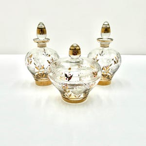 Irice Clear Floral Etched Crystal With Gold Guild Vanity Set including Covered Dish and Two Bottles
