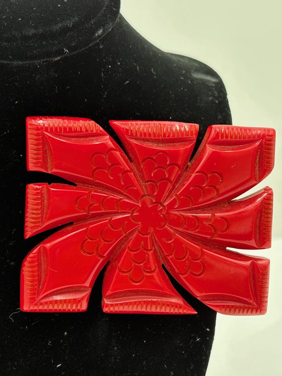 Cherry Red Bakelite Rectangular Floral Pinwheel B… - image 3