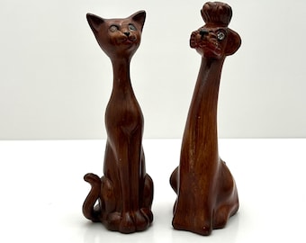 Mid Century Faux Wood Poodle and Kitty Figurines