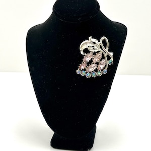 Silvertone Floral Style Brooch with Pink and Aurora Borealis Rhinestones