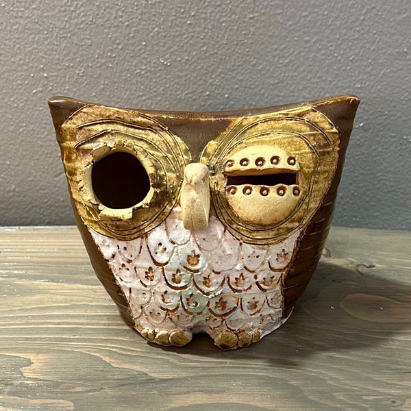 Winking Brown Owl Signed Art Pottery