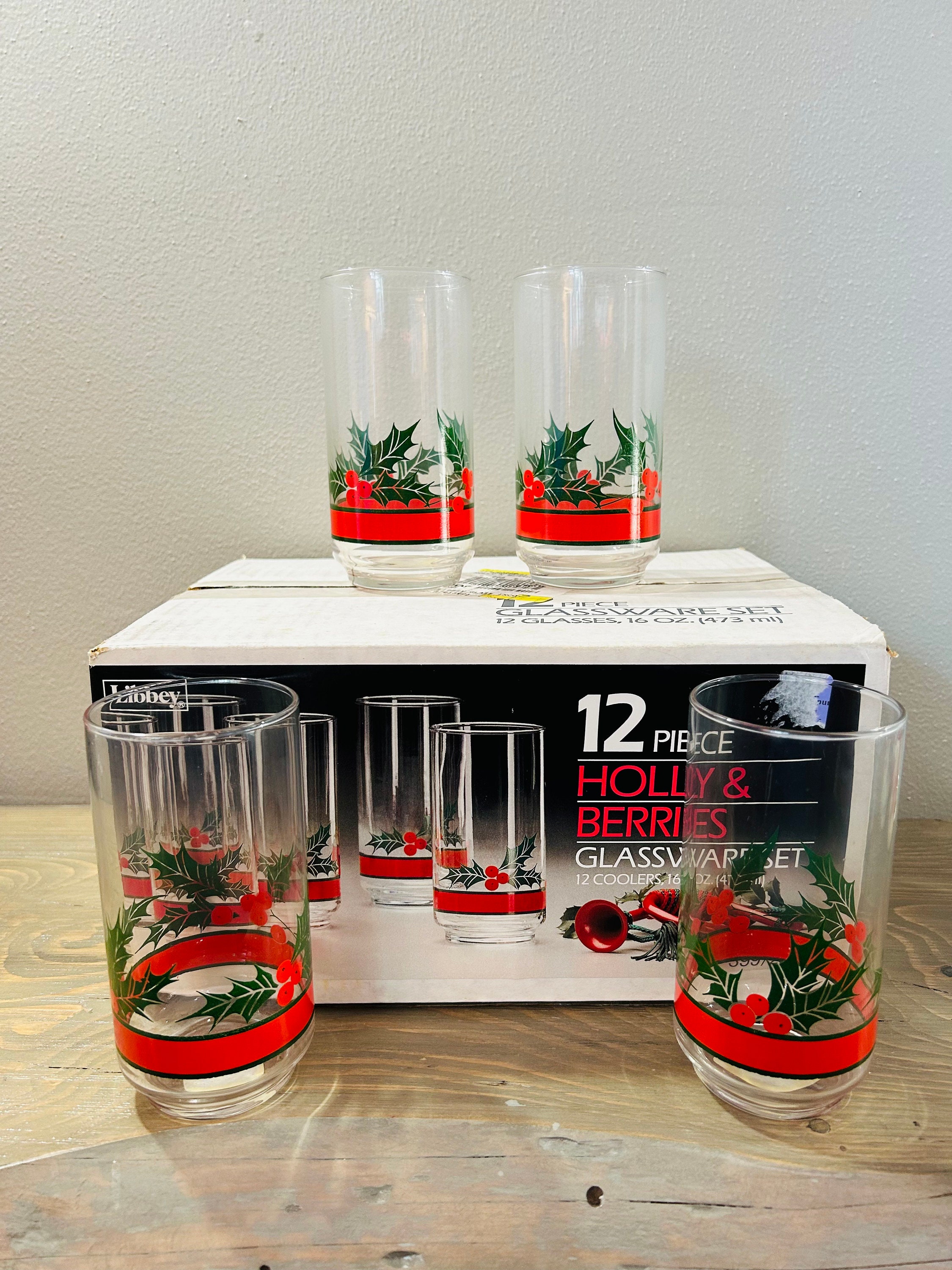 Libbey Holly & Berries Set of 12 Tall Coolers Tumblers Christmas