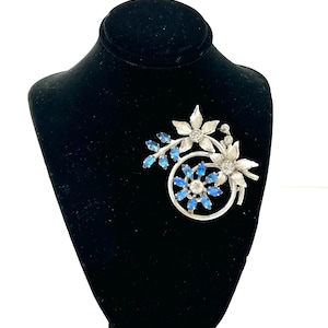 Silvertone with Blue and Clear Rhinestone Double Flower Brooch