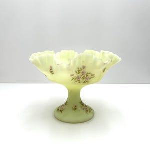 Fenton Custard Glowy Glass Hand Painted Ruffle Top Compote