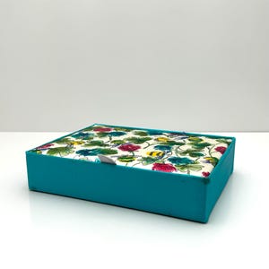 Multi Color Floral Silk Covered Aqua Blue Jewelry Box