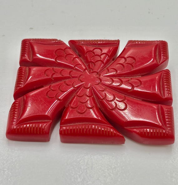 Cherry Red Bakelite Rectangular Floral Pinwheel B… - image 7