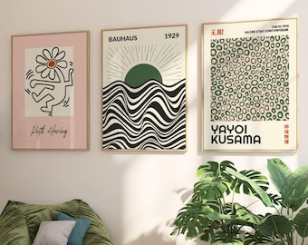 Gallery Wall Set of 3 Prints Keith Haring Kusama Bauhaus Abstract Art Living Room Decor Gift for Art Lover