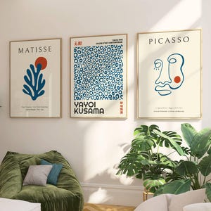 Henri Matisse Yayoi Kusama Picasso Set of 3 Prints | Japanese Style Trio | Blue Wall Art Unique Home Decor | Japandi Posters Set of 3