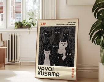 Japanese Cat Art Print Set of 3, Polka Dot Modern Gallery Wall Prints