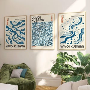 Yayoi Kusama Set of 3 Prints Famous artists Gallery Wall blue wall art Unique home decor | Japandi Poster Set of 3